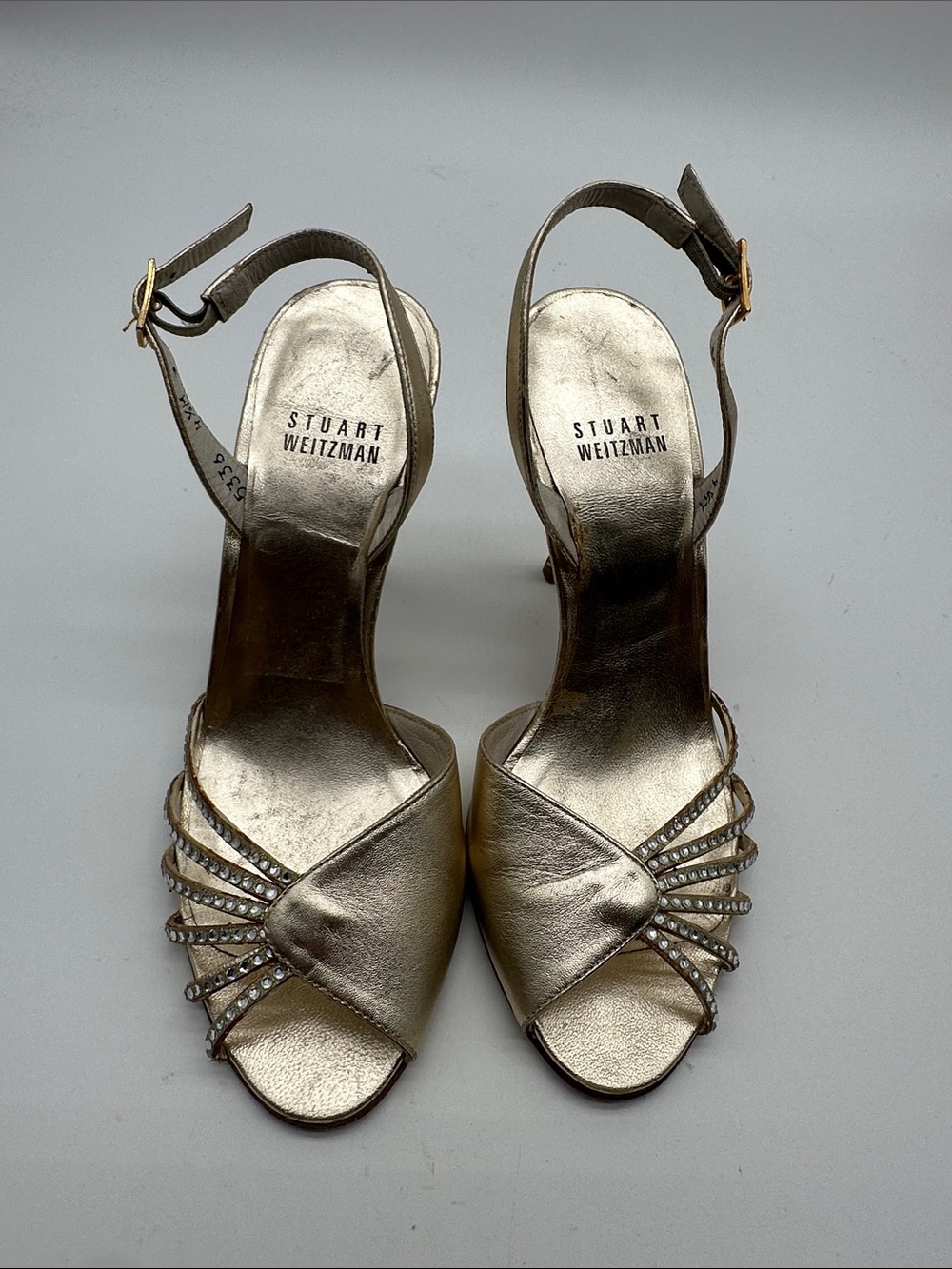 Stuart Weitzman Metallic Gold Crystal-Strap Open-Toe Heels